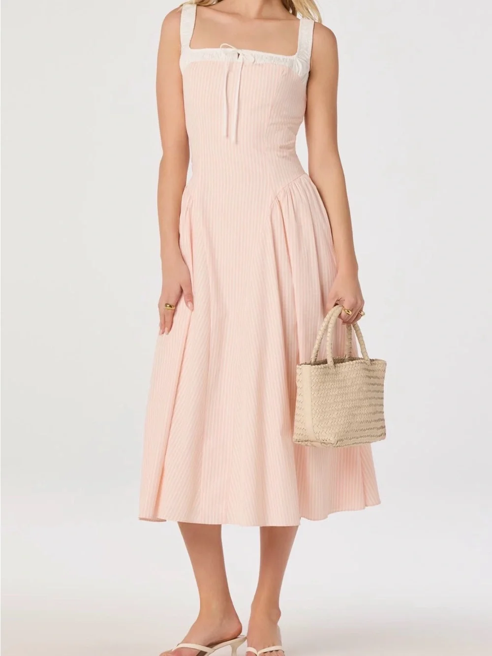 ASTR Blush Pink Square-Neck Midi Dress with Tie Detail - Picture 1 of 6
